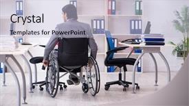  Presentation with wheelchair - Colorful presentation theme enhanced with workplace inclusion - young handsome employee in wheelchair backdrop and a lemonade colored foreground