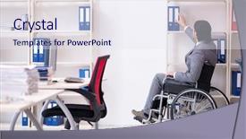  Presentation with employee working in industry - Beautiful slide set featuring workplace inclusion - young handsome employee in wheelchair backdrop and a sky blue colored foreground