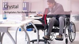  Presentation with wheelchair - Colorful presentation theme enhanced with workplace inclusion - young handsome employee in wheelchair backdrop and a  colored foreground