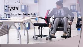  Presentation with employee working in industry - Presentation theme featuring workplace inclusion - young handsome employee in wheelchair background and a  colored foreground