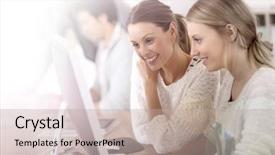  Presentation with college faculty - PPT theme featuring workplace learning - college girls working in front background and a  colored foreground