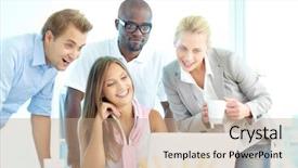  Presentation with friendly - Beautiful presentation theme featuring workplace learning - group of friendly students backdrop and a  colored foreground