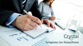  Presentation with notebook page - Colorful presentation theme enhanced with workplace learning - image of male hand backdrop and a sky blue colored foreground