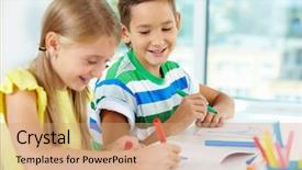  Presentation with lesson of prepositional phrase grade 5 - Presentation theme having workplace learning - portrait of cute schoolkids drawing background and a coral colored foreground