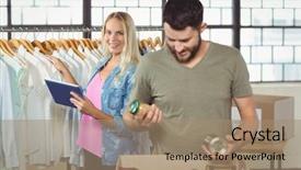  Presentation with man vs woman - PPT layouts enhanced with workplace morale - man separating products while woman background and a coral colored foreground