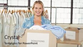  Presentation with volunteer - Theme having workplace morale - portrait of cheerful woman volunteer background and a soft green colored foreground