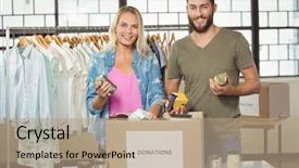  Presentation with donation - Slides enhanced with workplace morale - portrait of happy colleagues smiling background and a coral colored foreground