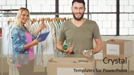  Presentation with farewell colleagues - Slide deck having workplace morale - portrait of smiling colleagues working background and a coral colored foreground