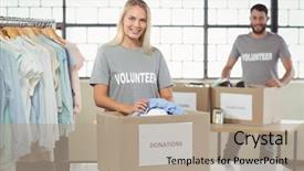 Presentation with donation - Slide set with workplace morale - volunteer separating clothes from donation background and a coral colored foreground
