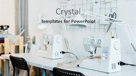  Presentation with factory machine - Theme having workplace-of-contemporary-seamstress background and a sky blue colored foreground