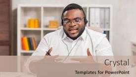  Presentation with home office - PPT theme enhanced with workplace-of-freelancer-african-american background and a soft green colored foreground