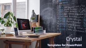  Presentation with monitor computer - Beautiful PPT theme featuring workplace-of-it-engineer backdrop and a wine colored foreground