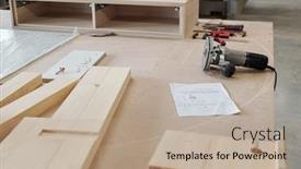  Presentation with furniture - Presentation theme having workplace-on-contemporary-furniture-factory background and a coral colored foreground