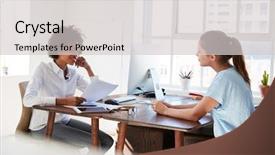  Presentation with women and protection desk - Cool new slide deck with workplace relationships - two young women talking across backdrop and a light gray colored foreground