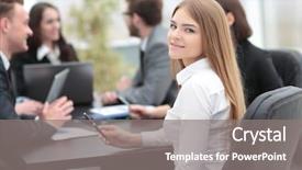  Presentation with office - Presentation enhanced with workplace relationships - young business woman in office background and a gray colored foreground