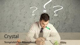  Presentation with question marks - Slide set featuring workplace stress - confused busy elegant office worker background and a coral colored foreground