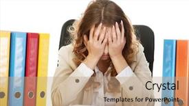  Presentation with workplace stress - Colorful presentation theme enhanced with workplace stress - exhausted businesswoman with binders backdrop and a  colored foreground