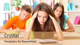  Presentation with workplace stress - Slide set featuring workplace stress - group of young students sitting background and a yellow colored foreground