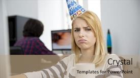  Presentation with workplace stress - Colorful presentation theme enhanced with workplace stress - sad woman with birthday hat backdrop and a coral colored foreground