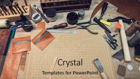  Presentation with leather craft work table - Theme enhanced with workplace tools for craft production background and a coral colored foreground
