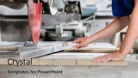  Presentation with hero mask woman - Slide set featuring workplace treat - stone mason woman measuring stone background and a light gray colored foreground