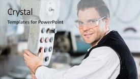  Presentation with radio workshop - Presentation design consisting of workplace treat - stonemason operating stone saw background and a lemonade colored foreground