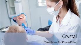  Presentation with female office graphics - Slide set having workplace treat - young female dentist working background and a  colored foreground