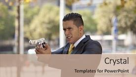  Presentation with e commerce security - PPT layouts with workplace violence - powerful security businessman aiming background and a coral colored foreground