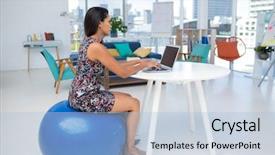  Presentation with executive - Slide deck featuring workplace wellbeing - female executive using laptop while background and a light blue colored foreground