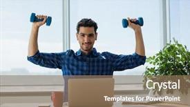  Presentation with executive - Presentation theme having workplace wellbeing - portrait of smiling executive exercising background and a coral colored foreground