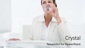  Presentation with office water cooler - Theme having workplace wellness - concentrated young businesswoman using computer background and a light gray colored foreground