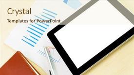  Presentation with digital pen - Colorful presentation theme enhanced with workplace with blank digital tablet paper pen and cup of coffee on work table above view shot backdrop and a cream colored foreground