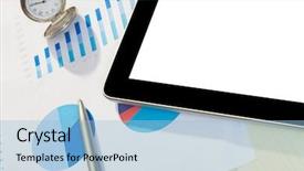  Presentation with digital pen - Audience pleasing presentation design consisting of workplace with blank digital tablet paper pen and cup of coffee on work table above view shot backdrop and a light blue colored foreground