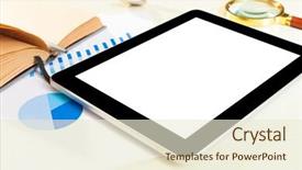  Presentation with digital pen - Presentation design enhanced with workplace with blank digital tablet paper pen and cup of coffee on work table above view shot background and a cream colored foreground