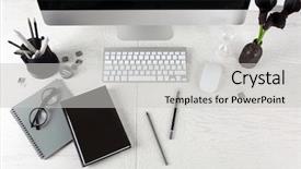  Presentation with pets on computer - Beautiful slide deck featuring workplace with computer and stationery backdrop and a light gray colored foreground