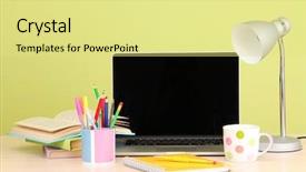  Presentation with workplace - Amazing PPT layouts having workplace with computer close up backdrop and a yellow colored foreground