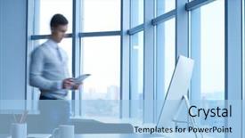  Presentation with workplace - PPT theme featuring workplace with computer with young background and a light blue colored foreground