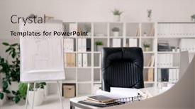 Presentation with monitor computer - PPT theme consisting of workplace-with-desk-black-leather background and a light gray colored foreground