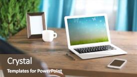  Presentation with cup coffee - Slide deck with workplace with laptop and beautiful background and a  colored foreground