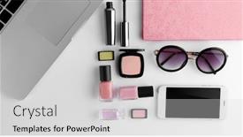  Presentation with accessories - Audience pleasing slide deck consisting of workplace with laptop and women accessories top view backdrop and a light gray colored foreground