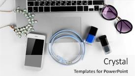  Presentation with black women workplace - Slide set consisting of workplace with laptop and women accessories top view background and a white colored foreground