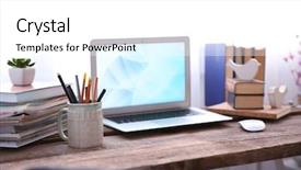  Presentation with workplace - Slides featuring workplace with laptop table and books beside the window background and a white colored foreground