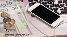  Presentation with mobile money - Amazing PPT layouts having workplace with money and electronic backdrop and a mint green colored foreground