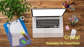  Presentation with workplace - Colorful presentation design enhanced with workplace with notebook office supplies and wooden desk backdrop and a tawny brown colored foreground