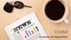  Presentation with news - Amazing presentation theme having workplace with tablet pc showing latest news and a cup of coffee on a wooden work table close-up backdrop and a lemonade colored foreground