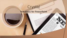  Presentation with news - PPT theme featuring workplace with tablet pc showing latest news and a cup of coffee on a wooden work table close-up background and a lemonade colored foreground