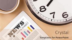  Presentation with news - Presentation theme having workplace with tablet pc showing latest news and a cup of coffee on a wooden work table close-up background and a coral colored foreground