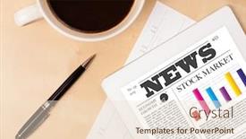  Presentation with news - Theme with workplace with tablet pc showing latest news and a cup of coffee on a wooden work table close-up background and a lemonade colored foreground