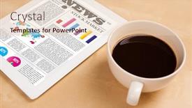  Presentation with coffee cup - Colorful theme enhanced with workplace with tablet pc showing latest news and a cup of coffee on a wooden work table close-up backdrop and a lemonade colored foreground