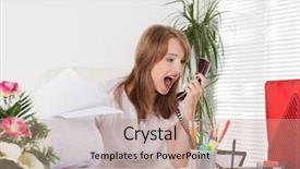  Presentation with office management - Slides with workplacestress management - stressed business woman with telephone background and a coral colored foreground